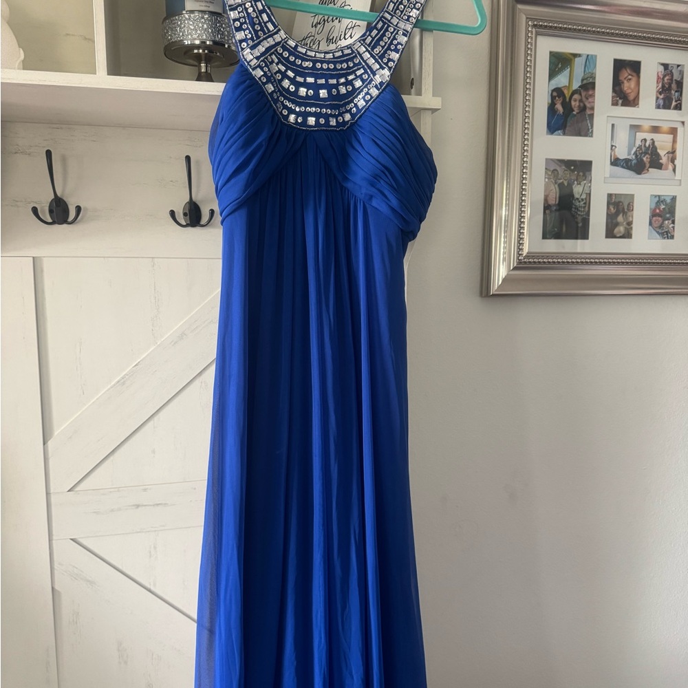 Adrianna Papell Blue Embellished Halter Maxi Gown